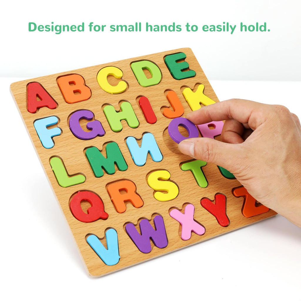 Wooden Puzzles for Kids Ages 3-5, 3 Pack ABC Number and Shape Learning Toys | 3 wooden puzzle board with ABC letters, numbers and colorful shapes for preschool learning, matching and fine motor skills