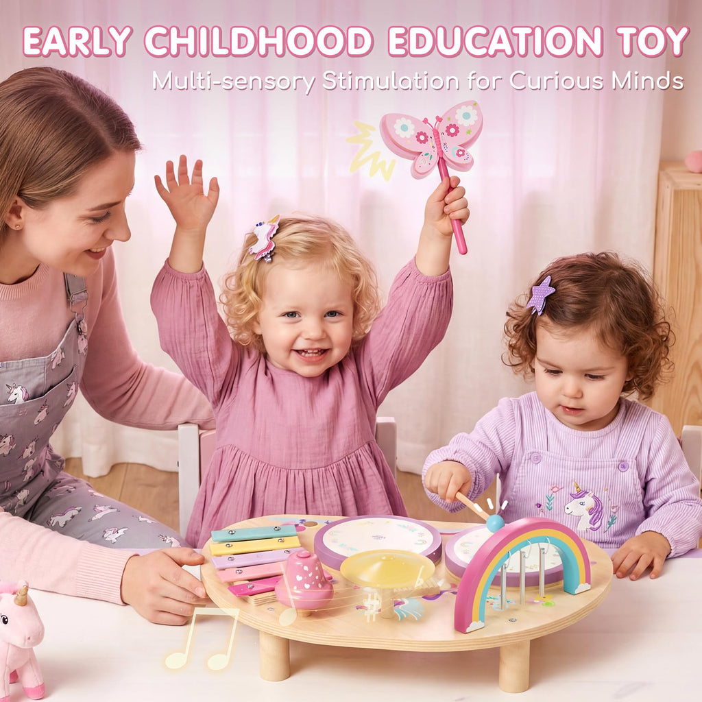 Lehoo Castle Toddler Drum Set Wooden, Unicorn Montessori Toys for Girls | Baby Drum Set Music Toys with Xylophone, 7 in 1 Toddler Musical Instruments, Educational Birthday Gift for 12-18 Months Girl