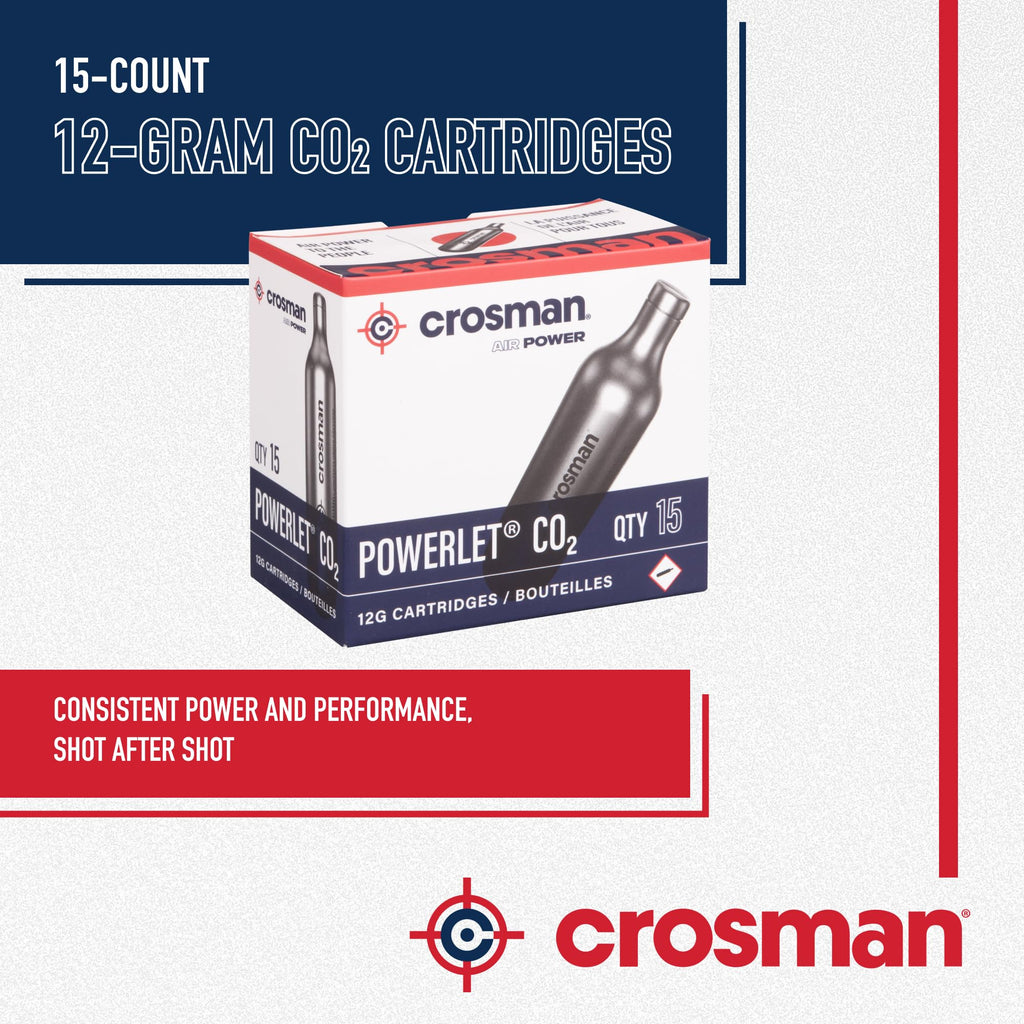 Crosman 15-Count CO2 Cartridges for Air Rifles and Air Pistols | Snug Neck Seal Prevents Gas Leaks - Strong Metal Walls Handle Heavy Use - Smooth Even Pressure For Every Shot
