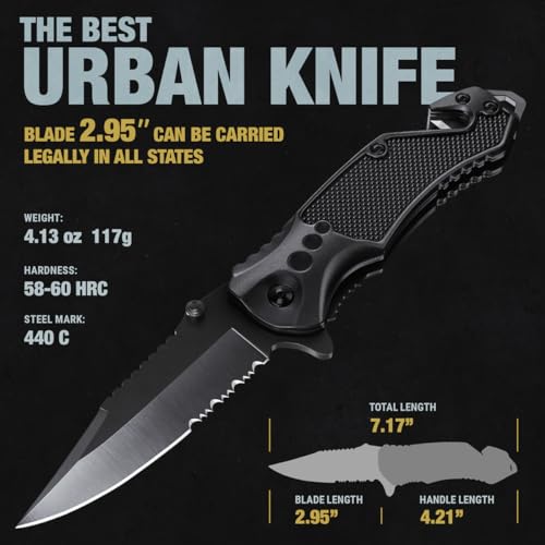 GOOD WORKER Legal Pocket Knife with 2.95” Serrated Blade, Glass Breaker, Seat Belt Cutter - EDC Sharp Folding Knives with Portable Clip - Small Tool for Tactical Camping Survival Hiking - Gifts for Men, Women