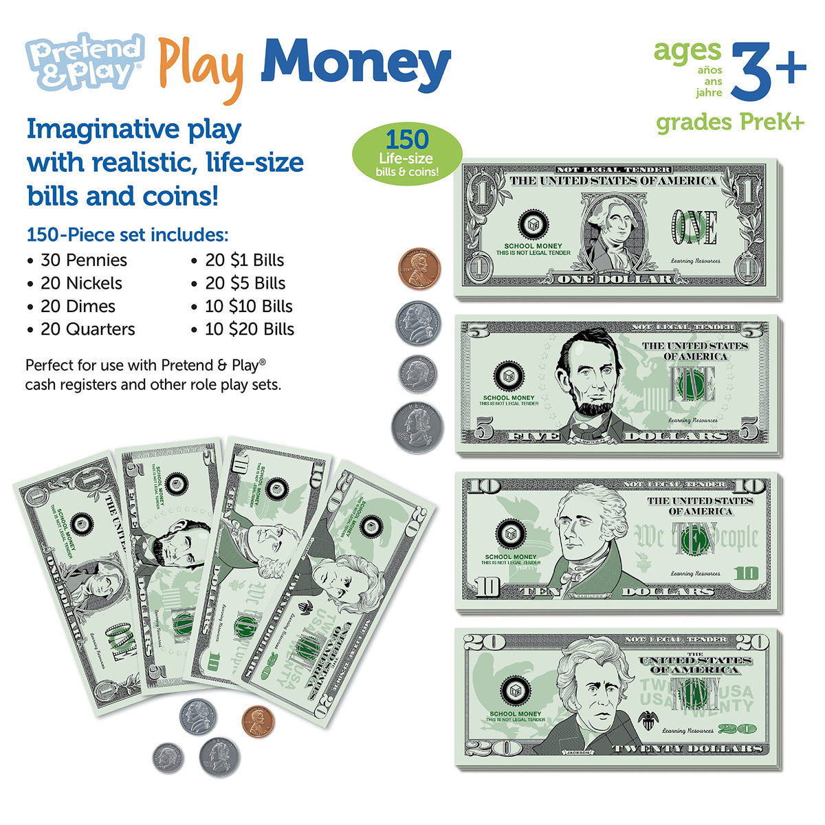 Learning Resources Pretend & Play Money | Kids Cash Register, Dollars, Pretend Classroom Play Sets for Kids, Toy Currency, Toy Dollar Bills