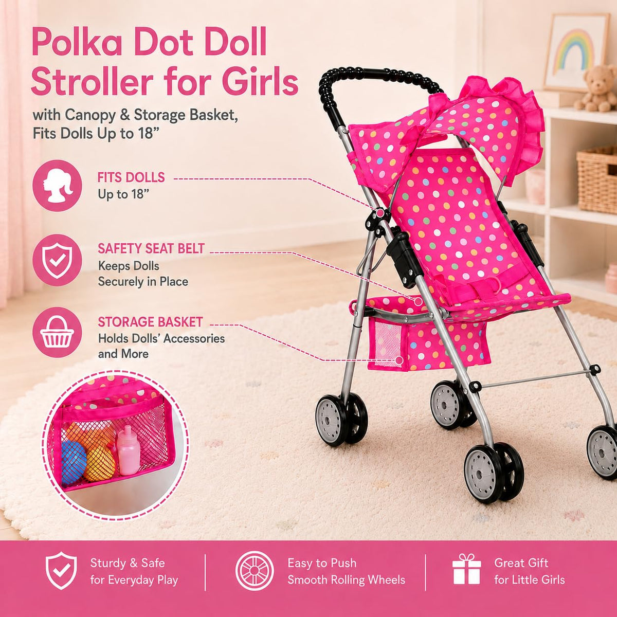 My First Baby Doll Stroller for Kids – Foldable Toy Stroller for 18 Inch Dolls with Storage Basket, Double Wheels & Canopy – Pretend Play Toy Stroller