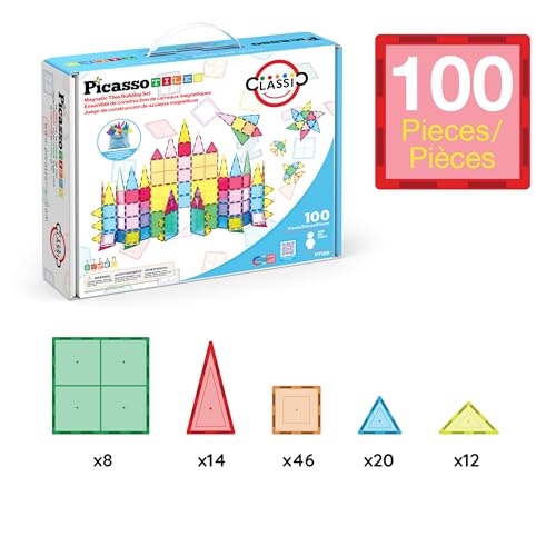 PicassoTiles 100 Piece Magnetic Tiles, Clear 3D Building Blocks for Kids 3+ | No-limit scalable builds, hands-on magnet polarity fun, family group play, quick assemble & store, shape & color recognition