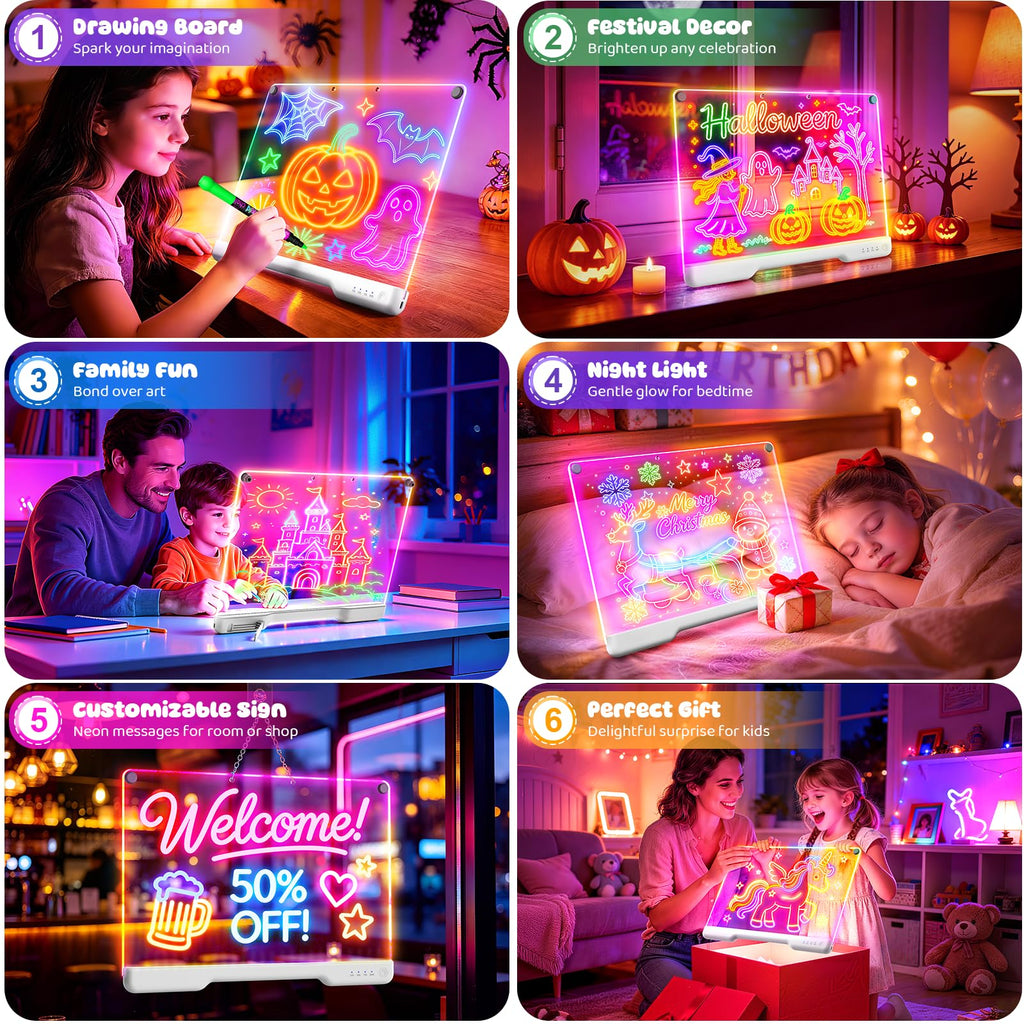 Geokay 16" Rechargeable LED Drawing Board with 9-Color Light Effects | Birthday & Christmas Gift Idea for Girls/Boys/Kids/Teens, Doodle Neon Glow Pad with Built-in Stand Tracing Book & 7 Markers