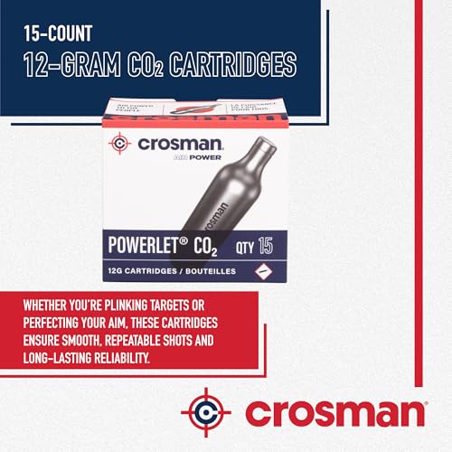 Crosman 15-Count CO2 Cartridges for Air Rifles and Air Pistols | Snug Neck Seal Prevents Gas Leaks - Strong Metal Walls Handle Heavy Use - Smooth Even Pressure For Every Shot
