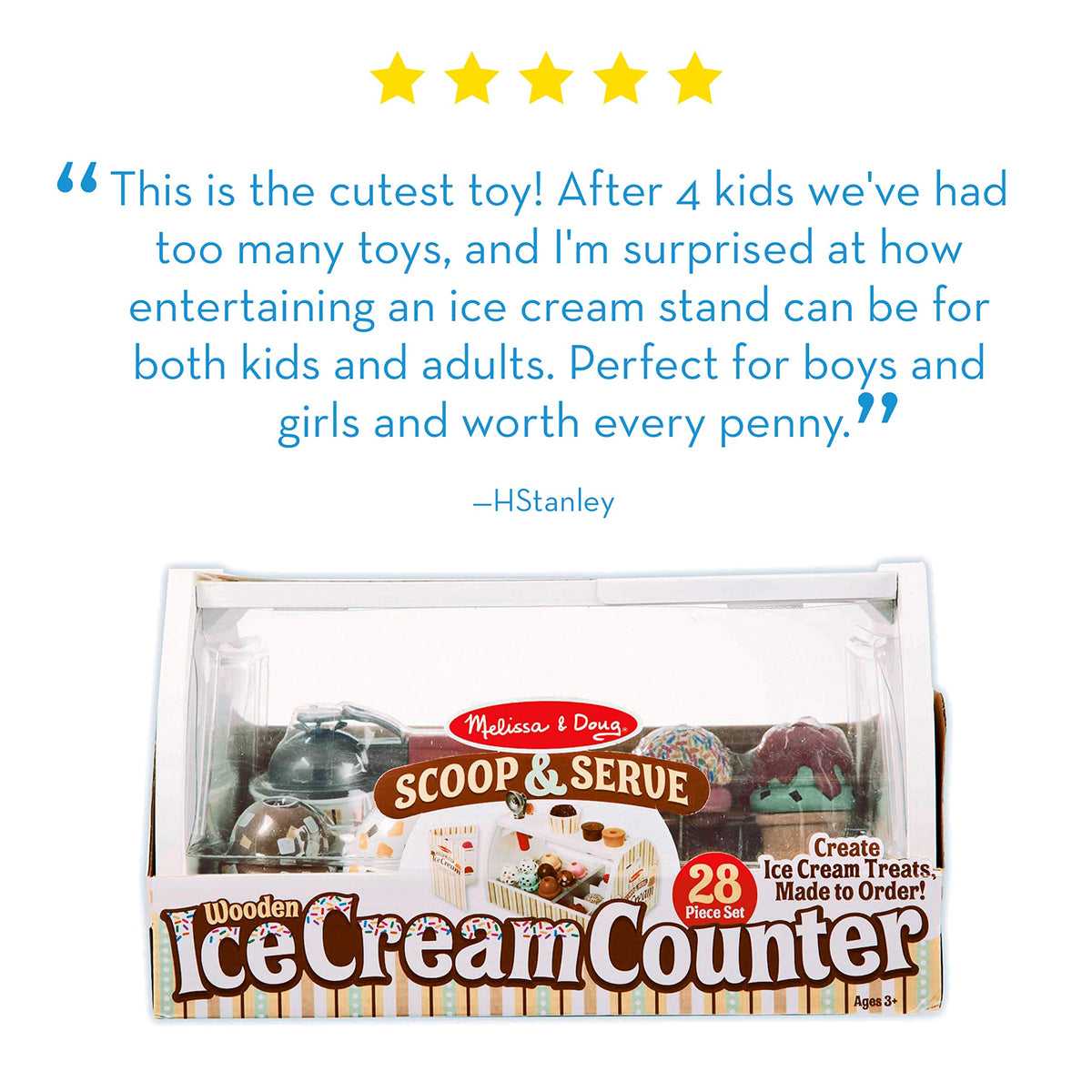 Melissa & Doug Wooden Scoop & Serve Ice Cream Counter, Pretend Play Store, 28 Toy Food & Play Kitchen Accessories, Preschool Toys for Girls & Boys 3+