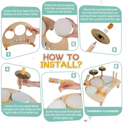 Kids Drum Set, Montessori Toys Wooden Musical Instruments for Baby Toddlers | Drum Kit with Cymbals & Xylophone, Sensory Toys for Music Learning, Fine Motor Skills, Preschool Birthday Gift for Boys Girls