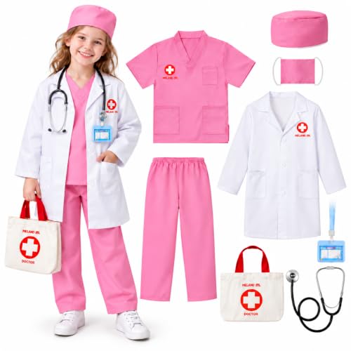 Meland Doctor Costume for Kids 3-10, Pretend Play Career Dress Up with Bag | Career exploration gift for boys girls Halloween, birthday, every day dress up, confortable for active kids