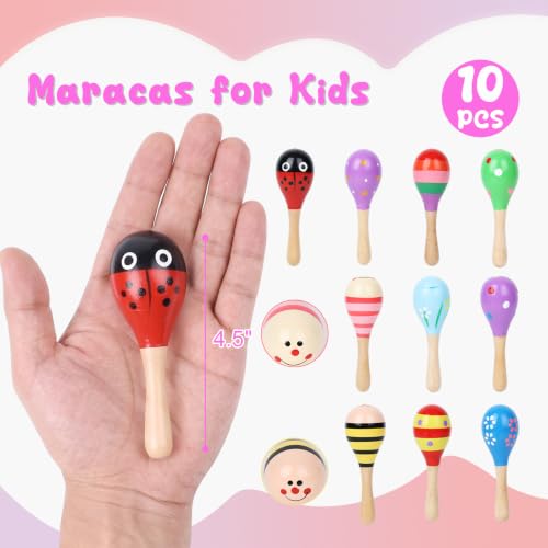 POPLAY 10PCS Mini Wooden Maracas, Maracas for Toddler Musical Instruments Wooden Shakers Baby Musical Toys Infant Learning Toys