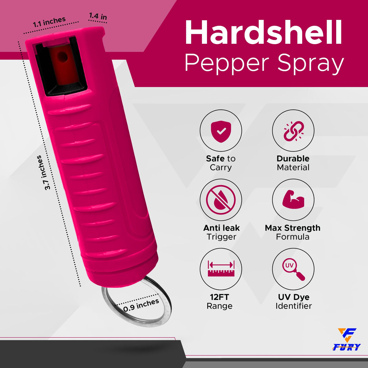 FURY Hardshell Pepper Spray - 12Ft Range, Max Strength, UV Dye Identifier, Anti-Leak & Anti-Misfire, Slidetop Trigger, Belt Clip & Key Ring, Multiple Color Options, Self-Defense Spray