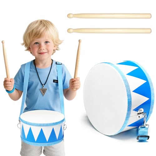 Kids Drum Set,8" Wooden Drum Toys with Adjustable Strap and 2 Drumsticks,Sensory Musical Instrument for Toddler Boys & Girls,Party Gift(Blue)