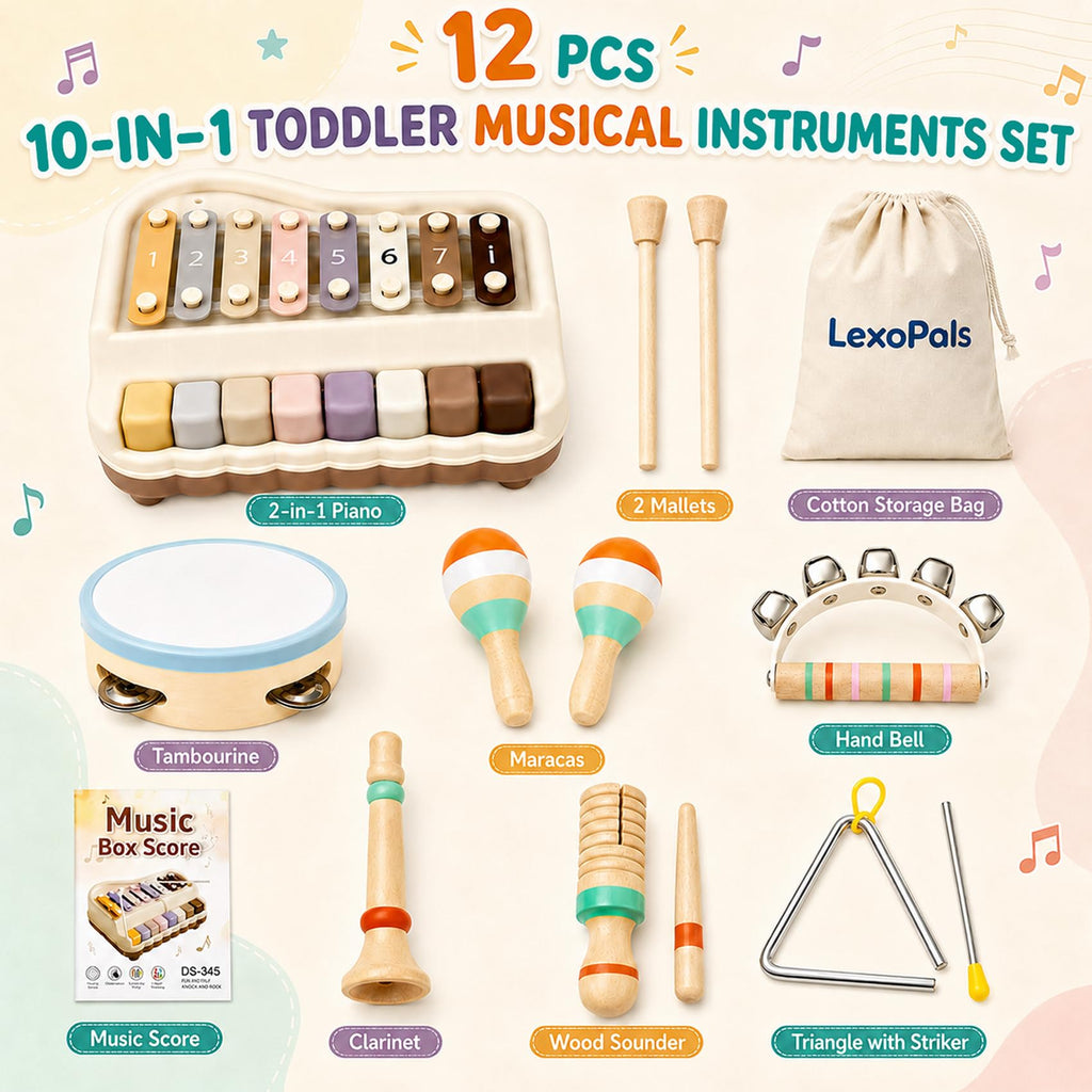 LexoPals Kids'Musical Instruments Set, Montessori Toys for Toddlers | 2-in-1 Piano Xylophone & Wooden Toys Set, Neutral Preschool Educational Percussion Instruments, Birthday Gifts for Kids