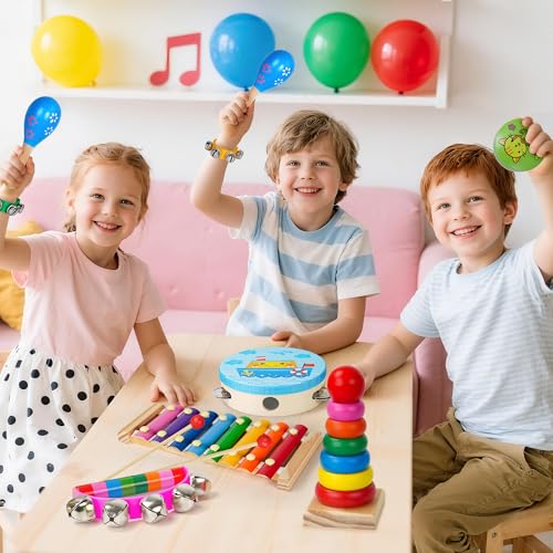 Childom Wooden Musical Instruments Set, Preschool Percussion Instrument Kit | Educational Music Learning Toy Set, Christmas Birthday Gift for Boys and Girls Ages 3 and Up, Includes Xylophone,Bells & Drum