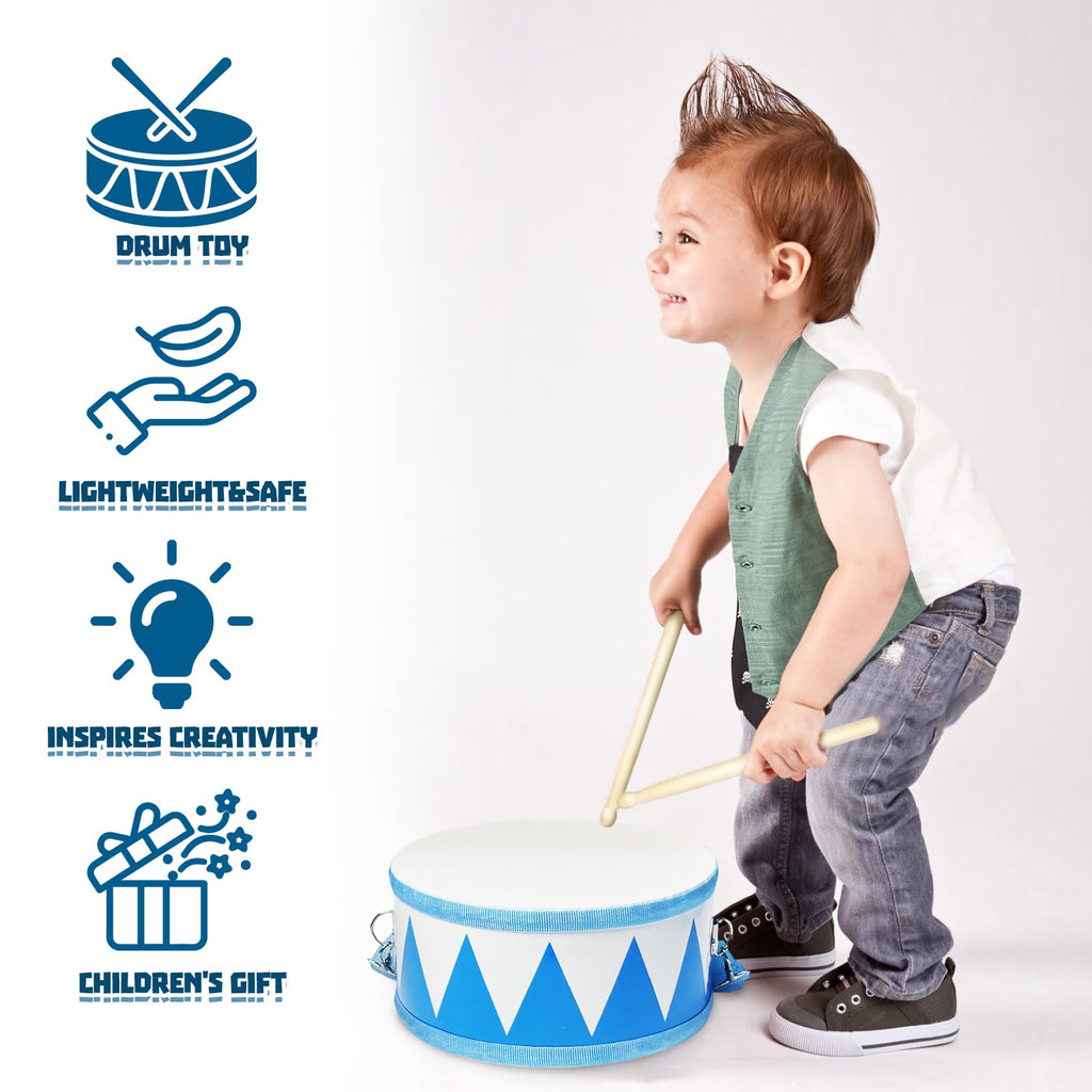 Kids Drum Set,8" Wooden Drum Toys with Adjustable Strap and 2 Drumsticks,Sensory Musical Instrument for Toddler Boys & Girls,Party Gift(Blue)