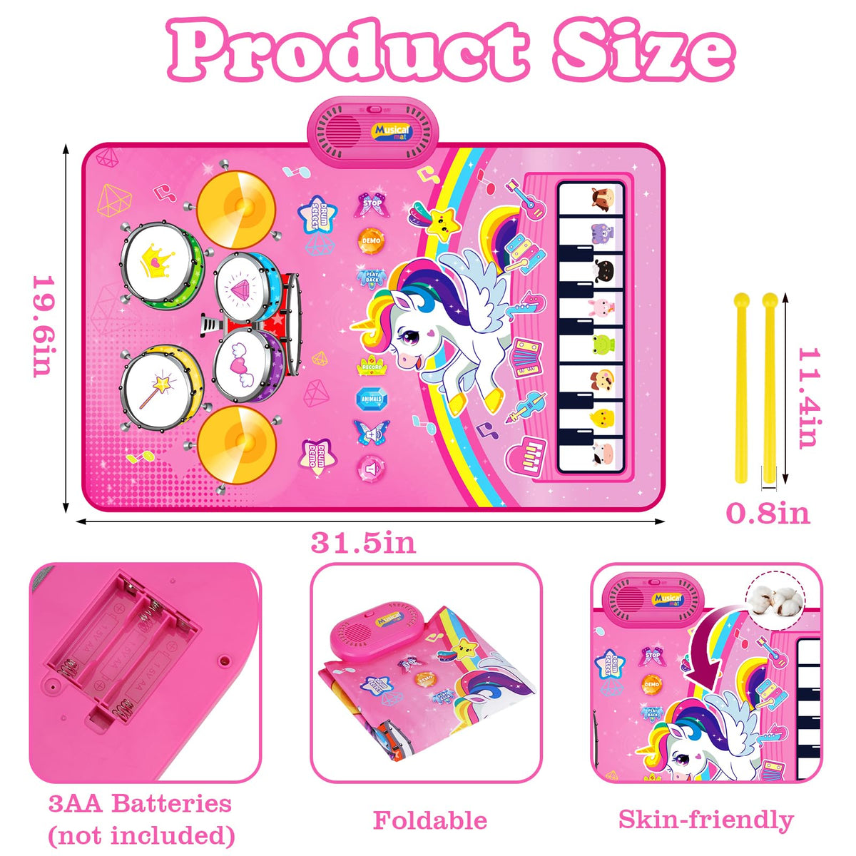 Toys for 1 Year Old Girl Gifts: 3 in 1 Baby Musical Mat Toddler Toy Age 1-2 | Piano Drum Animal Touch Unicorn Toys - Infant Music Toy 12-18 Months Babies Birthday Gifts for 1 2 3 Year Old Boys Girls
