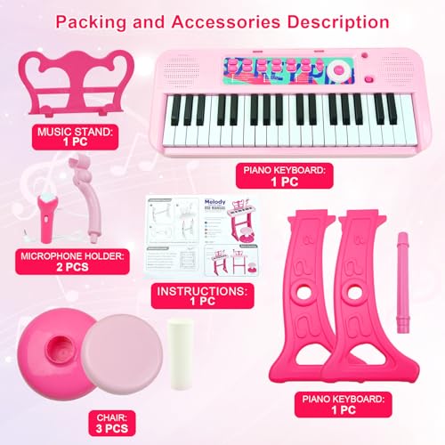 Love&Mini Kids Piano Keyboard Toys for Girls | 37-Key Kids Piano Keyboard with Stool, Stand & Microphone, Pink Piano Toys for Girls Ages 3+