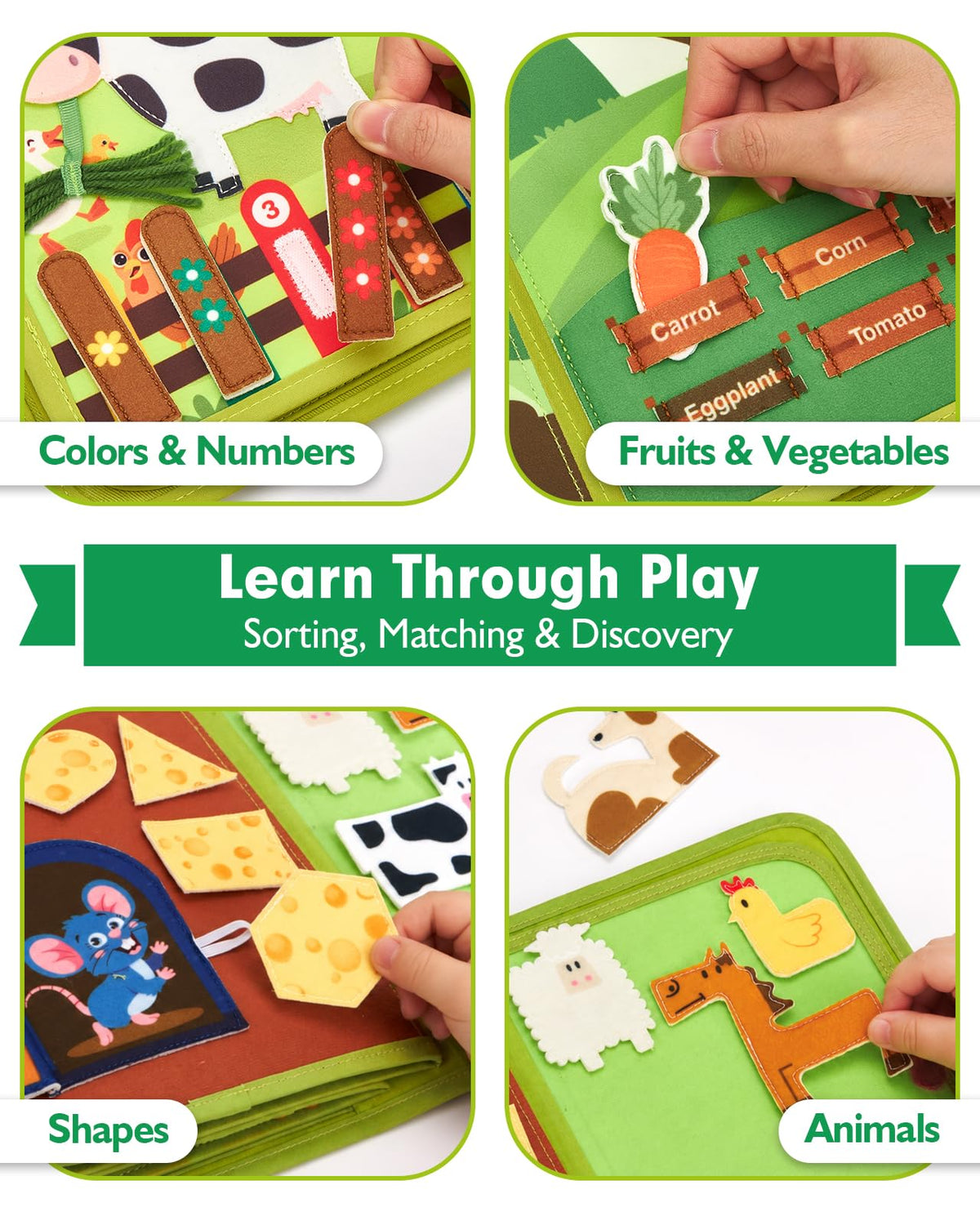 hahaland Busy Book for Toddlers 1-3 - Montessori Toys 1 Year Old Busy Board | 1 Year Old Boy Gifts Educational Quiet Activity Books 10 Pages, Toddler Christmas Stocking Stuffers One Year Old Travel Toys