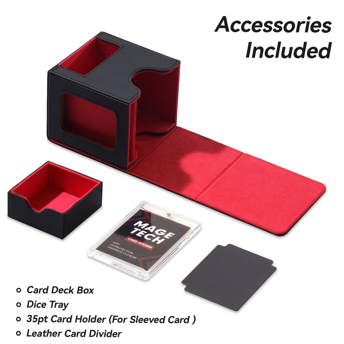 Mage Tech Card Deck Box for MTG Commander - Patented Design, Commander Display, Fits 100 Double-Sleeved Cards, 35pt Card Brick & Dice Tray - Black/Red