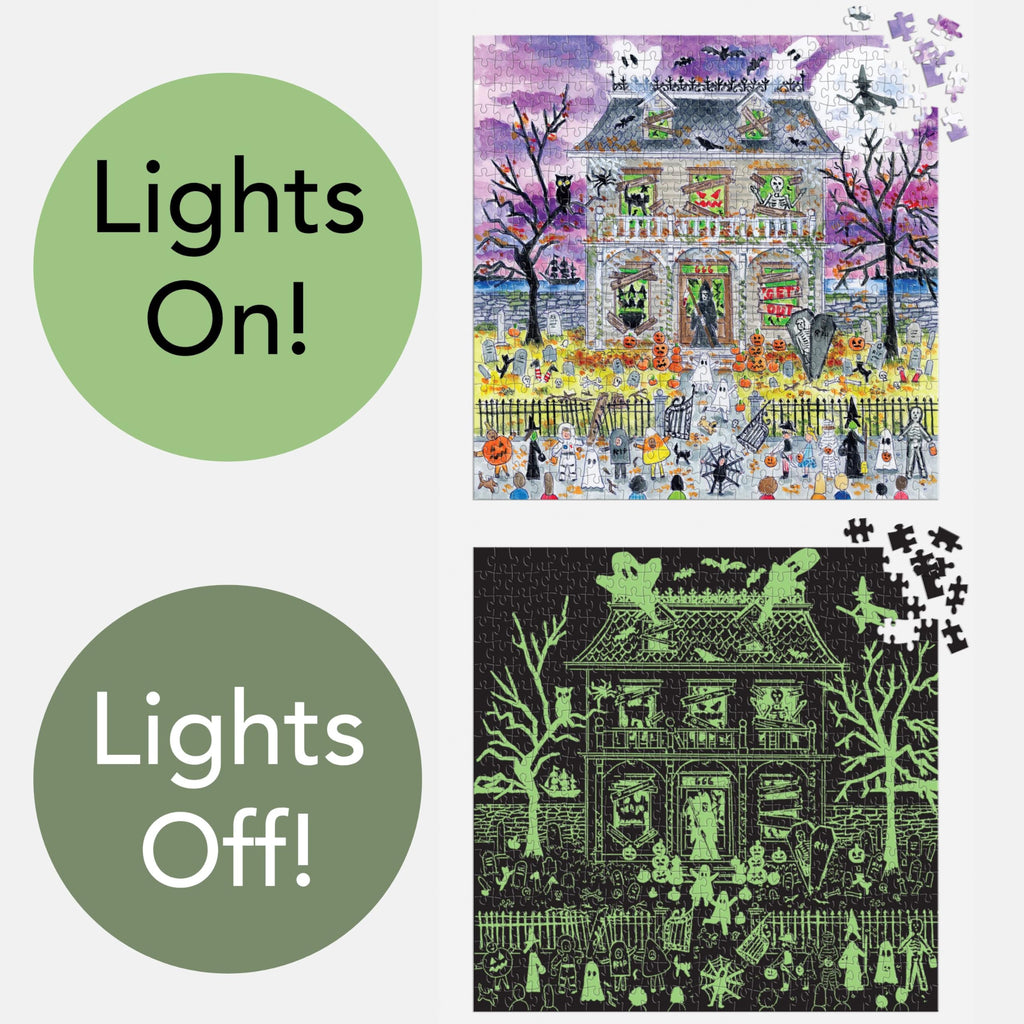 Galison Haunted House – 500 Piece Glow in The Dark Jigsaw Puzzle Featuring Spooky Artwork of A Haunted House