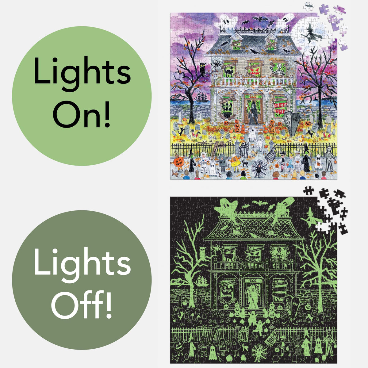 Galison Haunted House – 500 Piece Glow in The Dark Jigsaw Puzzle Featuring Spooky Artwork of A Haunted House