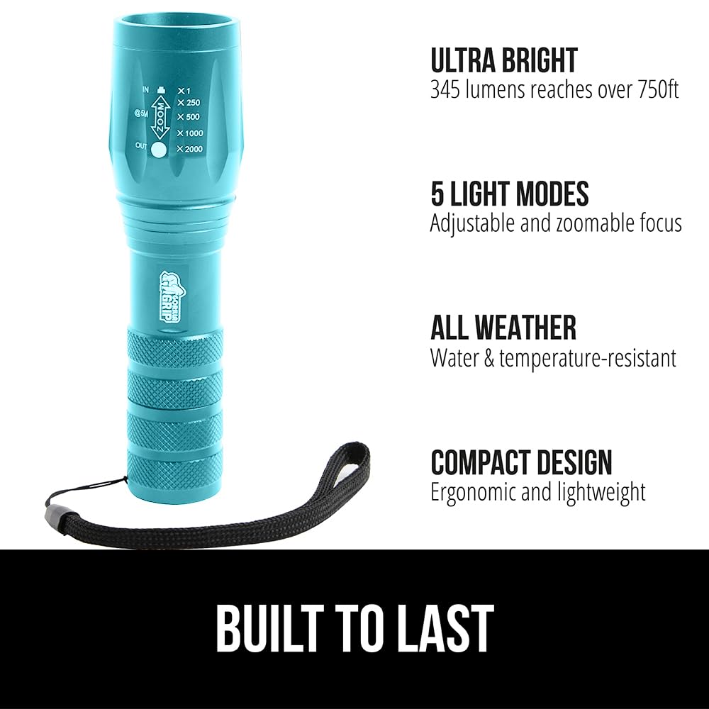 GORILLA GRIP Powerful LED Tactical Flashlight, Turquoise | Water Resistant 750 FT Lumen, 5 Adjustable Modes, Ultra Bright Zoom , Small Mini Flashlights, Camping, Night Dog Walking