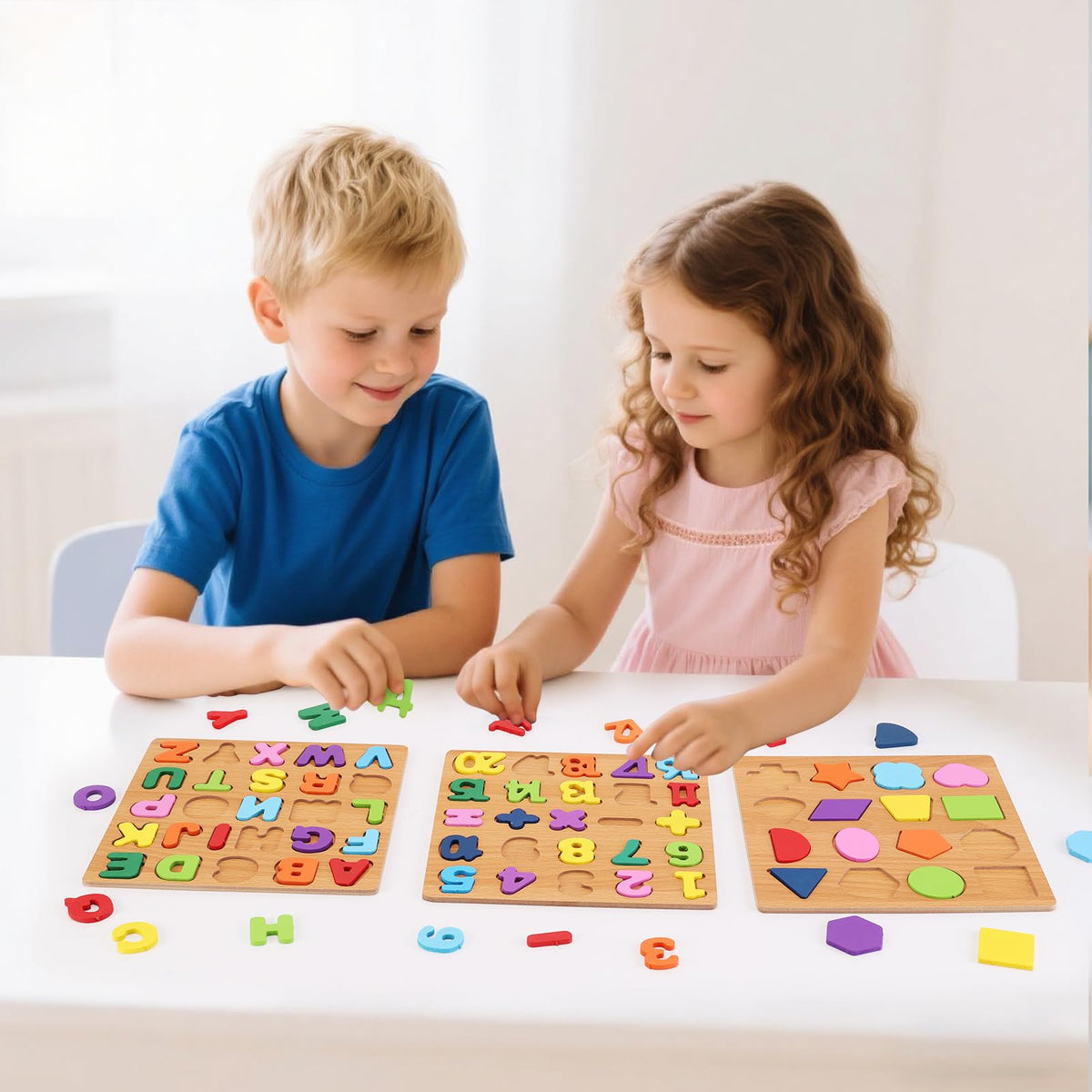 Wooden Puzzles for Kids Ages 3-5, 3 Pack ABC Number and Shape Learning Toys | 3 wooden puzzle board with ABC letters, numbers and colorful shapes for preschool learning, matching and fine motor skills