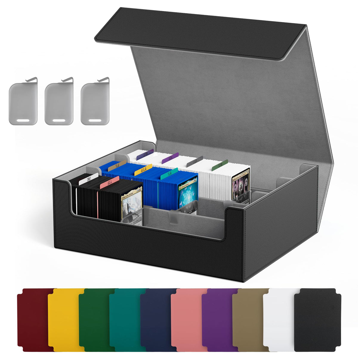 UAONO Trading Card Storage Box Holds 2400+ Cards, Bulk Card Storage | Magnetic Closure PU Leather Card Organizer with 10 Dividers & 3 Stoppers for MTG, PTCG, TCG, Sports Cards (Black)