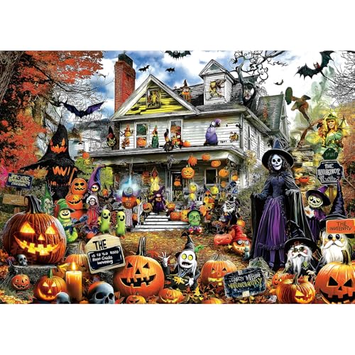 MINIWAN Halloween 1000 Piece Jigsaw Puzzle for Adults, 27.5" x 19.7" | Spooky Haunted House with Pumpkins & Witches, Challenging Fall Decor Puzzle, Unique Gift Idea for Halloween Enthusiasts