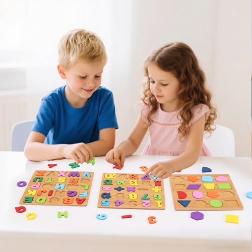 Wooden Puzzles for Kids Ages 3-5, 3 Pack ABC Number and Shape Learning Toys | 3 wooden puzzle board with ABC letters, numbers and colorful shapes for preschool learning, matching and fine motor skills