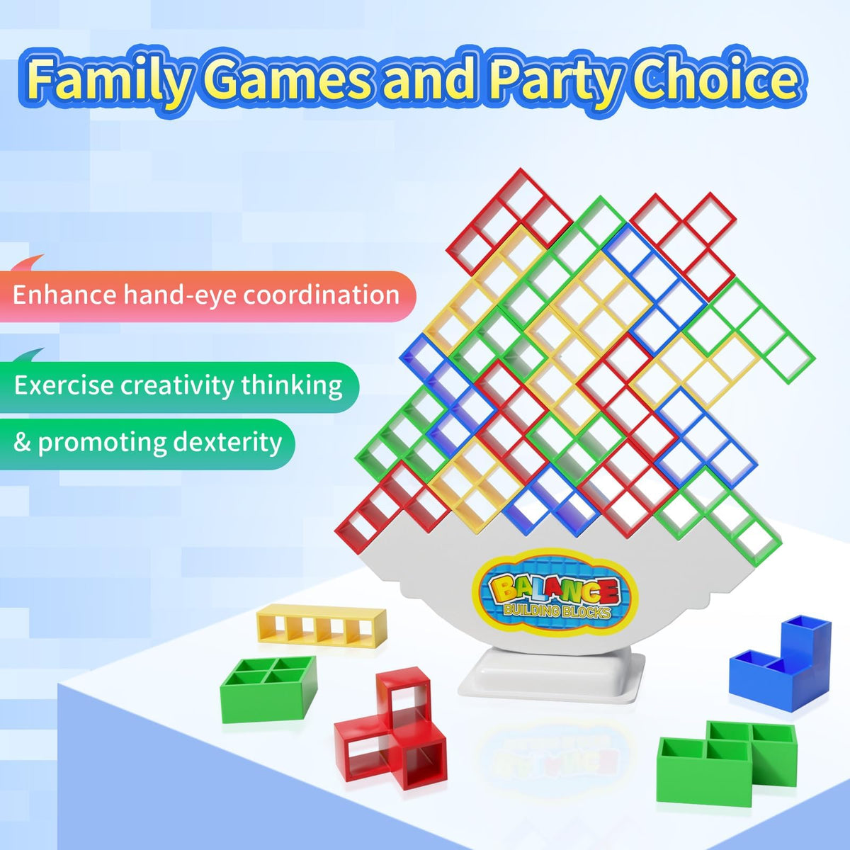 Ziogogco 48Pcs Balance Stacking Blocks Game, Gift for Kids Ages 3-14 | Gets kids thinking. Includes 22 cards and a travel storage bag. Great for birthdays, Christmas, and stocking stuffers