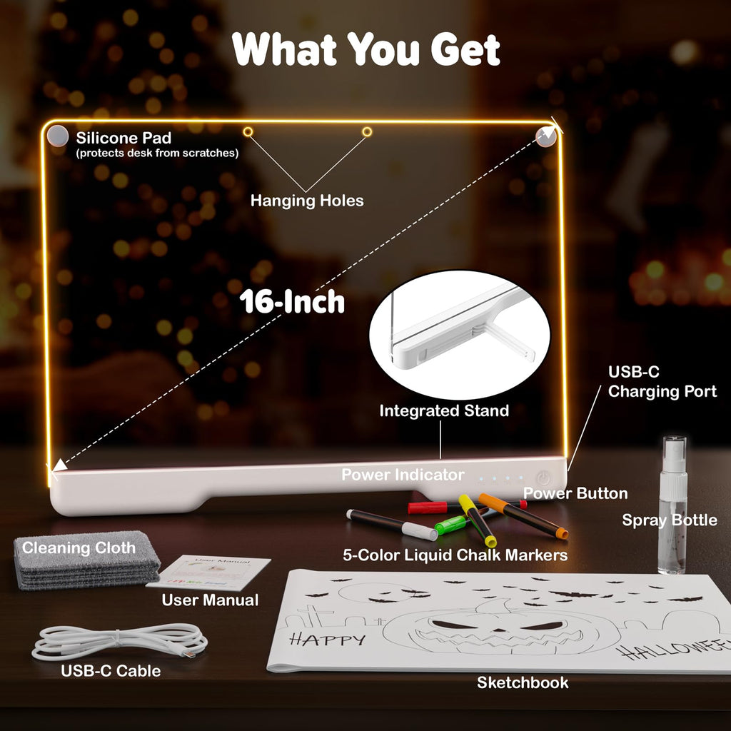 Geokay 16" Rechargeable LED Drawing Board with 9-Color Light Effects | Birthday & Christmas Gift Idea for Girls/Boys/Kids/Teens, Doodle Neon Glow Pad with Built-in Stand Tracing Book & 7 Markers
