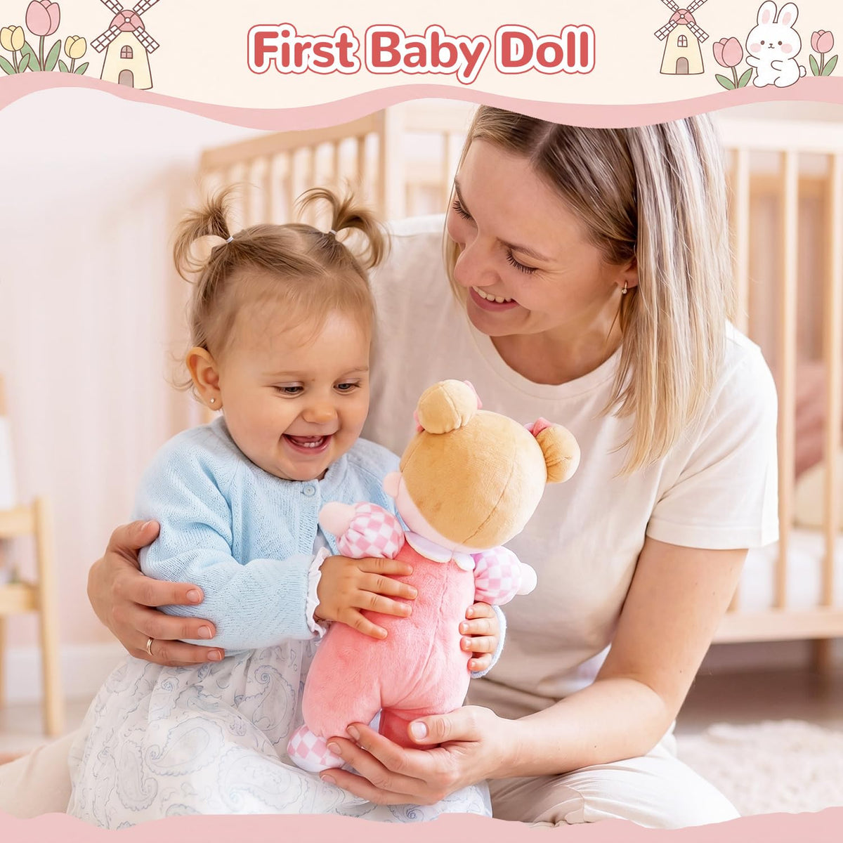 OUOZZZ Soft Baby Doll 10" Tulip Pink Snuggle Buddy Doll | First Birthday Toys for 1 Year Old Girl, Ideal 1 Year Old Girl Gifts & Baby Girl Gifts, Cuddly Toy for Infants & Toddlers