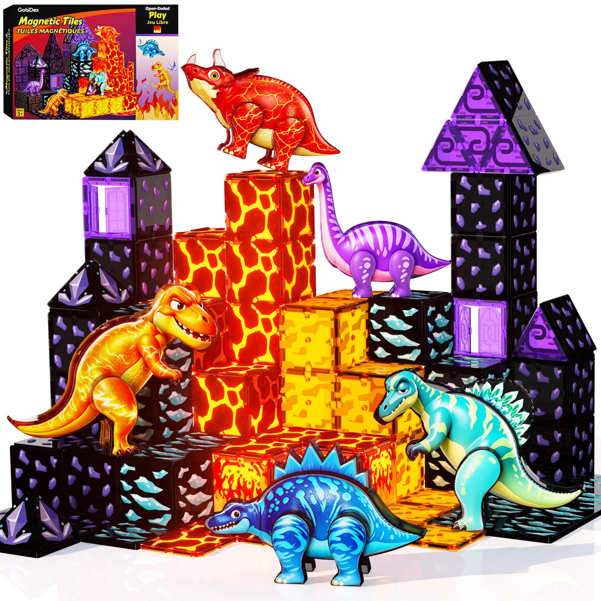 Dinosaur Toys Magnetic Tiles, 5 Movable Lava Dinosaur Toys for Kids 3-5 5-7 | 3 4 5 Year Old Boy Birthday Gift for Dinosaurs Lovers, STEM Educational Magnetic Blocks for Girls Boys Toy Age 4-6 6-8