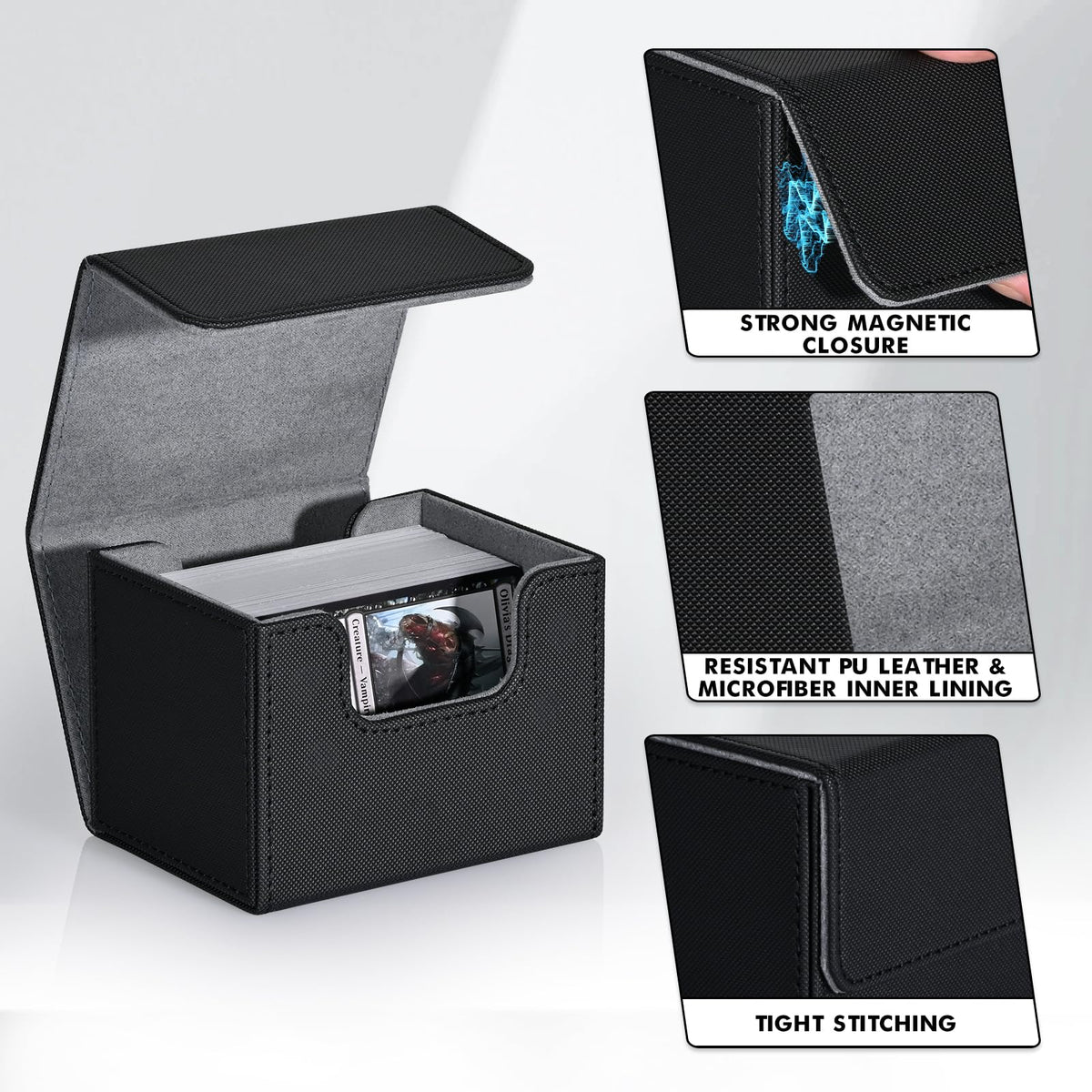 ZLCA MTG Deck Box Holds 120+ Single Sleeved Cards Commander Deck Box | Card Deck Box for Trading Cards Magnetic Card Storage Box Fits for Magic the Gathering TCG CCG (Black)