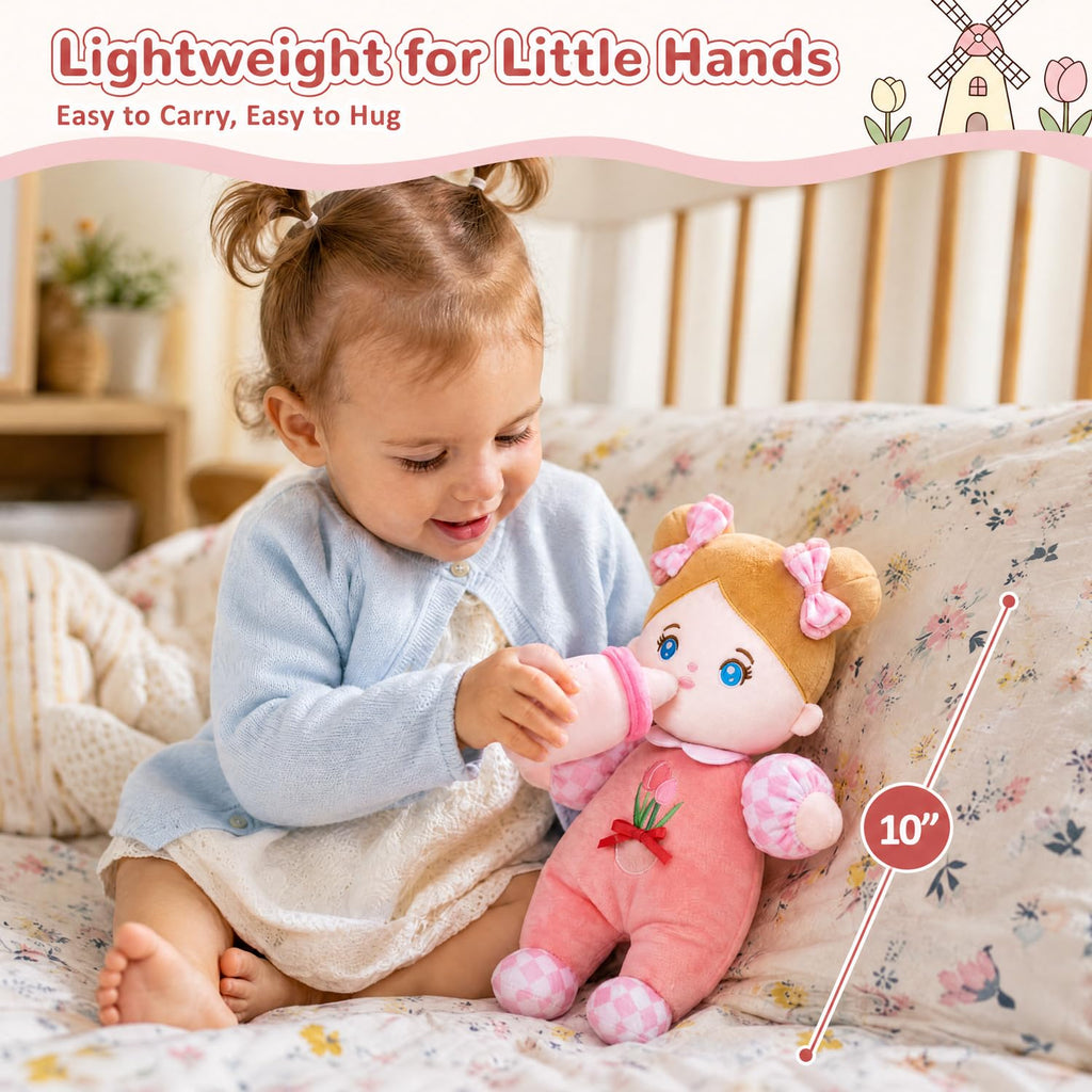 OUOZZZ Soft Baby Doll 10" Tulip Pink Snuggle Buddy Doll | First Birthday Toys for 1 Year Old Girl, Ideal 1 Year Old Girl Gifts & Baby Girl Gifts, Cuddly Toy for Infants & Toddlers