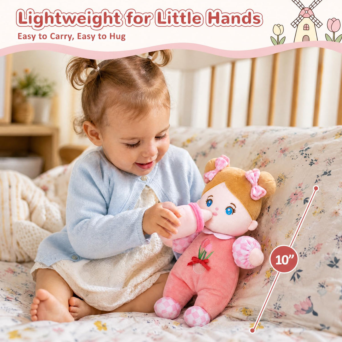 OUOZZZ Soft Baby Doll 10" Tulip Pink Snuggle Buddy Doll | First Birthday Toys for 1 Year Old Girl, Ideal 1 Year Old Girl Gifts & Baby Girl Gifts, Cuddly Toy for Infants & Toddlers
