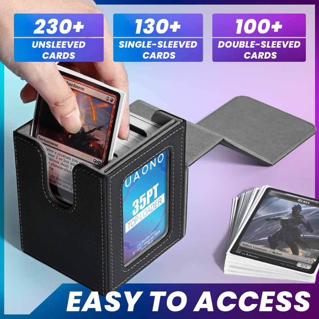 UAONO Card Deck Box for MTG Commander, Fits 100 Double-Sleeved Cards | Independent Commander Display, Magnetic Deck Case for Magic the Gathering TCG, 2 Dividers & 1 Top Loader (Black)