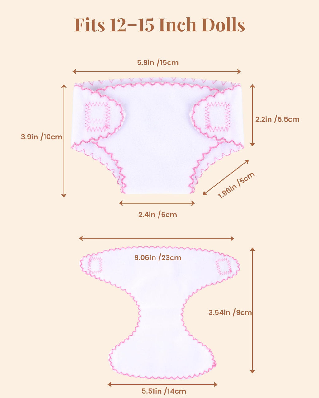 BABESIDE Baby Doll Diapers, 6 Reusable Diapers for 12-15 Inch Baby Dolls | Washable Baby Doll Accessories for Diaper Changing Pretend Play, Doll Diaper Set for Ages 3+