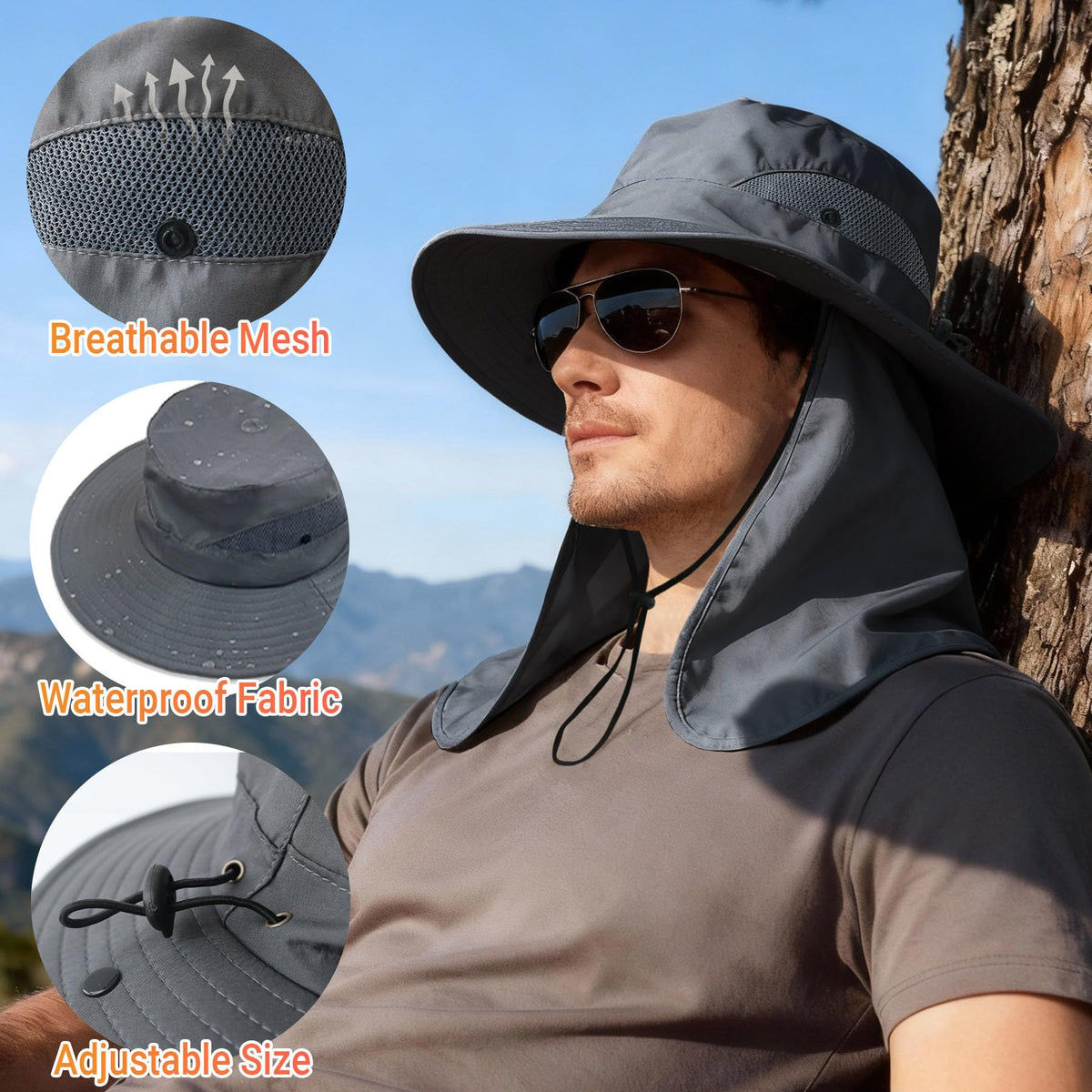 NPQQUAN Sun Hats for Men Women with Neck Flap UPF 50+ UV Protection | Wide Brim Bucket Hat, Water Resistant, Adjustable Size, Detachable Chin Strap, Foldable & Lightweight, Hiking Fishing Hats