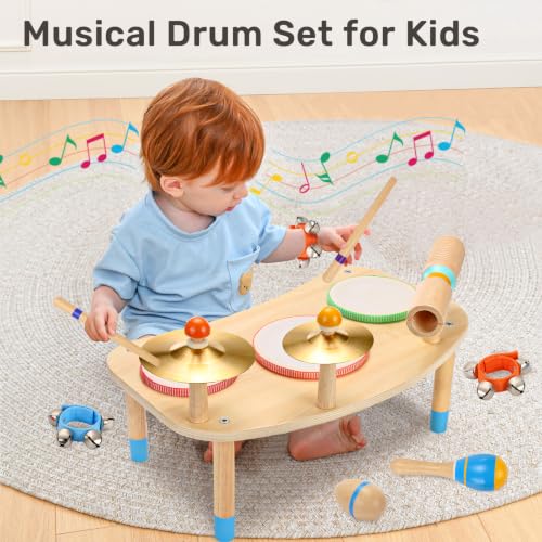 Wingyz Kids Drum Set, 11-in-1 Wooden Musical Instruments for Toddlers | Low-noise Montessori Music Toys with Drums, Cymbals, Maracas and Wrist Bells for Rhythm play,1st birthday gifts