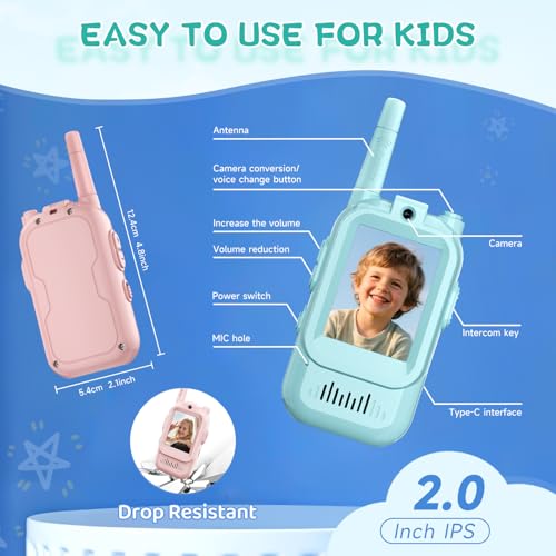 Kids Video Walkie Talkies, 2 Pack Long Range Toy Walkie-Talkie for Kids | Rechargeable, Outdoor Games Toys for Boys Girls Age 3-12, Indoor, Camping, Hiking, Travel, Christmas Birthday Gift(Blue/Pink)