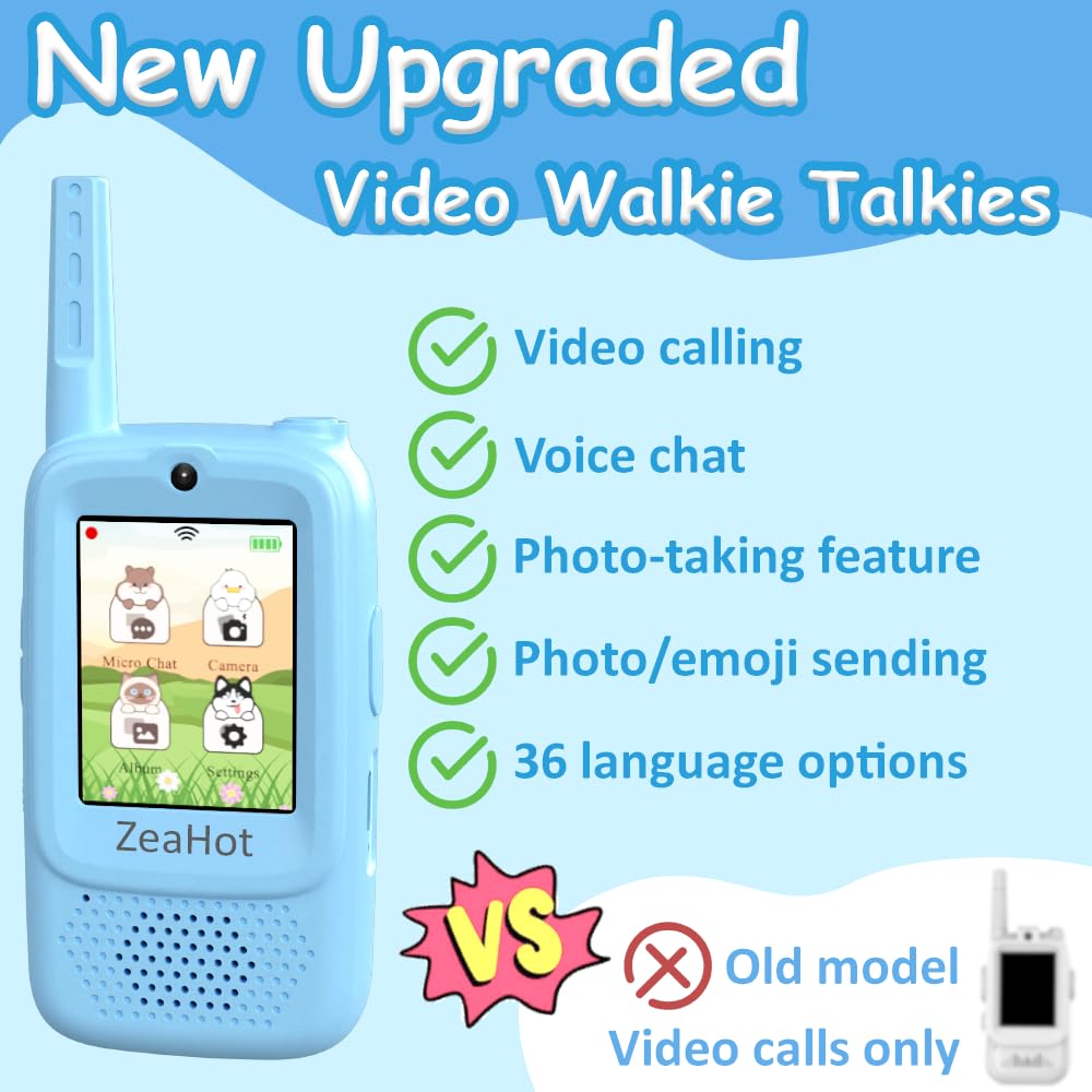 Upgraded Kids Video Walkie Talkies 2 Pack, Rechargeable Long Range Walkie Talkies for Kids, Video Intercom with Voice-Changing, Photo Sharing, Voice Chat, Emoji Messaging Modes