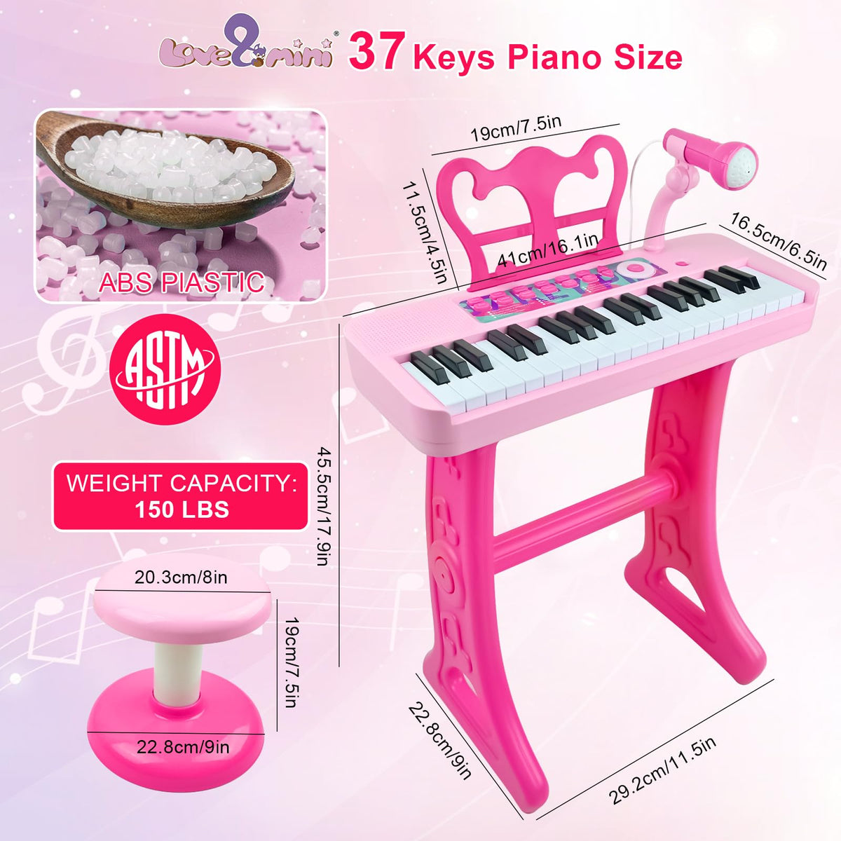 Love&Mini Kids Piano Keyboard Toys for Girls | 37-Key Kids Piano Keyboard with Stool, Stand & Microphone, Pink Piano Toys for Girls Ages 3+