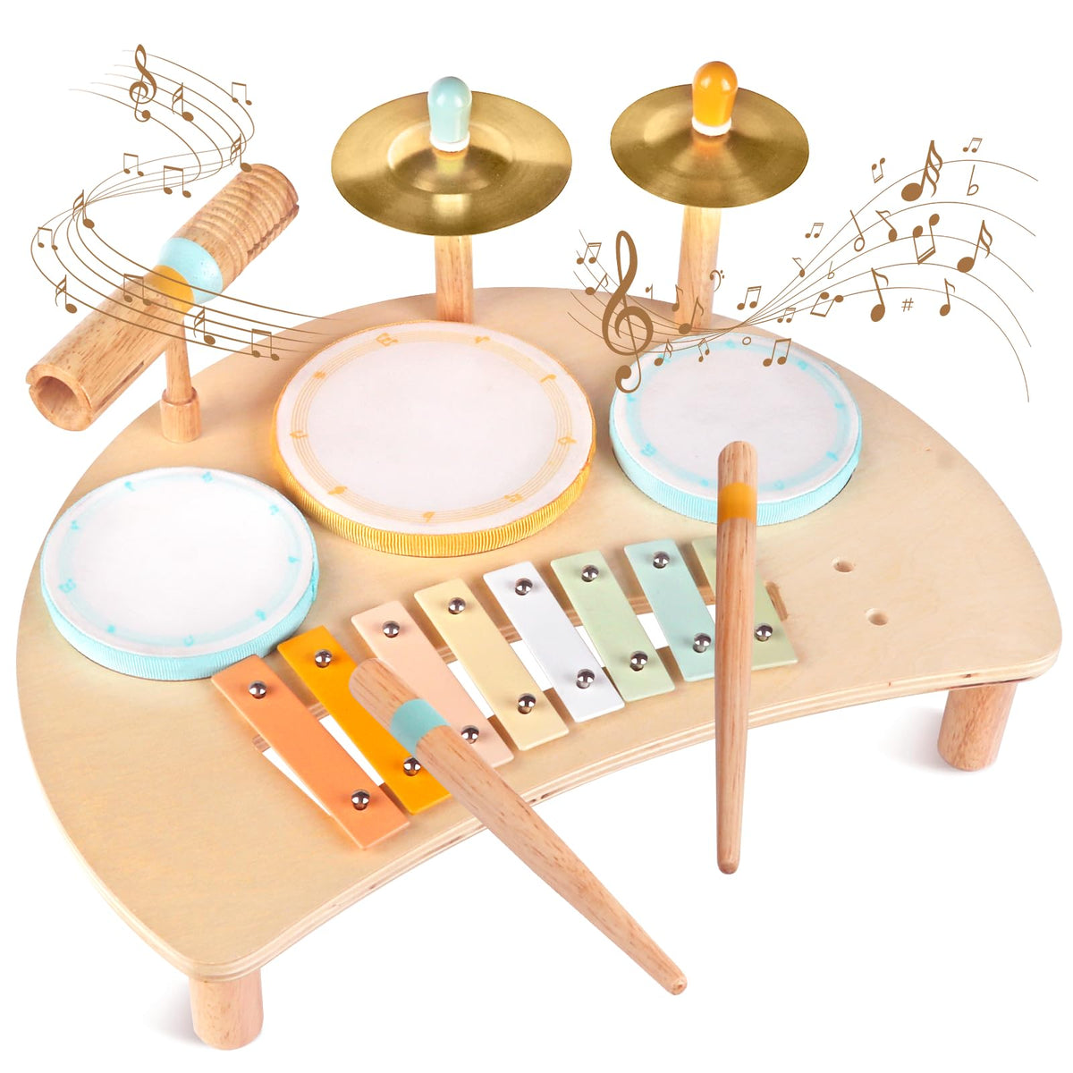 Wooden Drum Set Toys for 2-3 Year Old Montessori Musical Instruments Toy | Drum with Xylophone Birthday Gift for 18+ Months Boys Girls