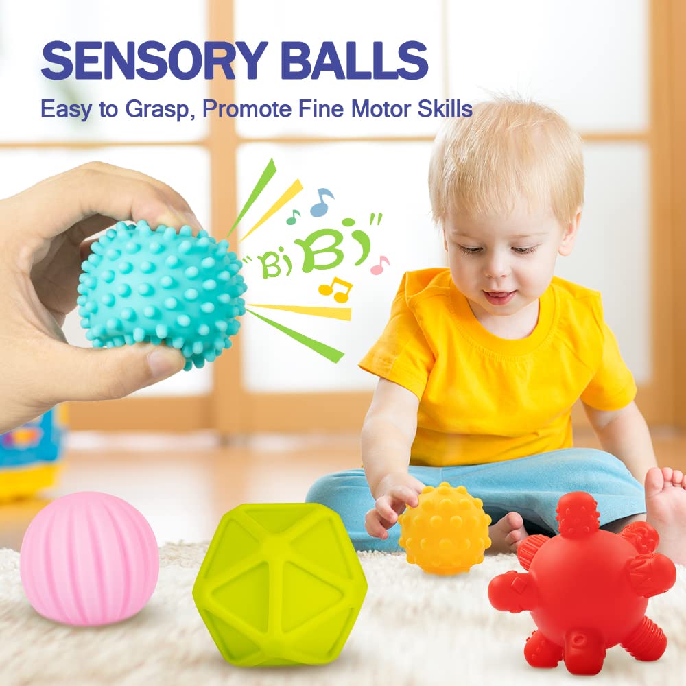 Jyusmile Baby Toys 6-12 Months, Montessori Toy for Babies 6-12 Months, Incl Stacking Building Blocks & Soft Infant Teething Toys & Sensory Balls for Toddlers 0-3-6-9-12 Month