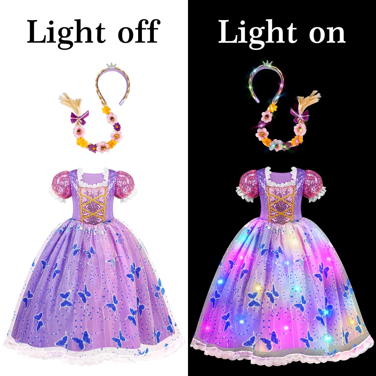 Meland Light Up Princess Dress for Girls Ages 3-10, Dress Up Toy Gift Set | Designed for party, Christmas Birthday gift, Halloween costume, detailed with sequin bodice, soft lining, comfortable to wear