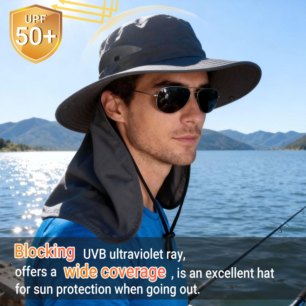 NPQQUAN Sun Hats for Men Women with Neck Flap UPF 50+ UV Protection | Wide Brim Bucket Hat, Water Resistant, Adjustable Size, Detachable Chin Strap, Foldable & Lightweight, Hiking Fishing Hats