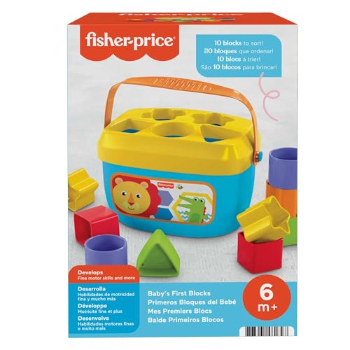 Fisher-Price Baby's First Blocks, Ages 6+ Months | BPA-free plastic,ASTM F963 compliant, sorting + stacking skills, 10 blocks + bucket, no batteries