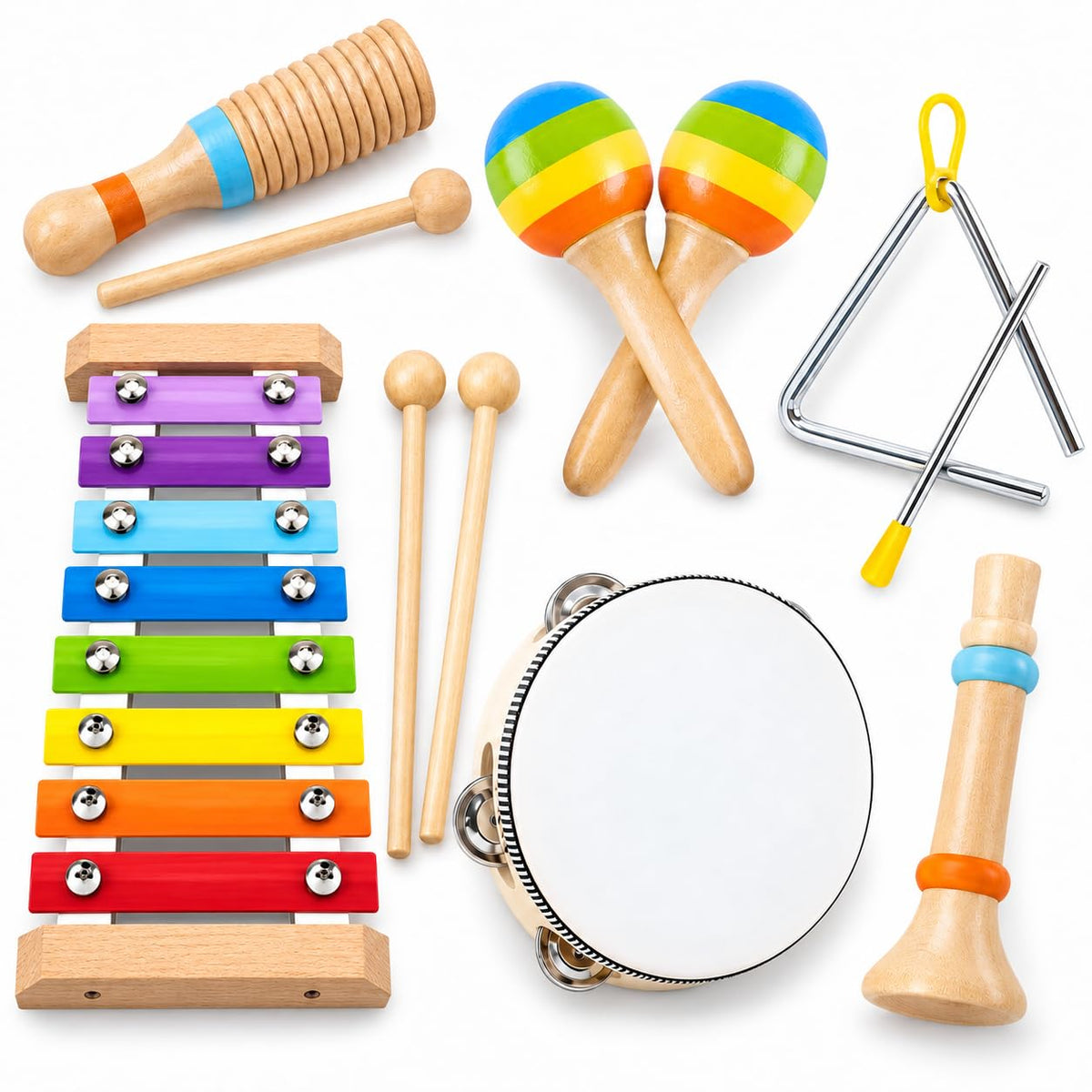 Montessori Wooden Musical Instruments Toys for Kids,Educational Drum Set for Kids with Xylophone & Maracas and More,Preschool Music Toys for Boys and Girls,Christmas Birthday Gift