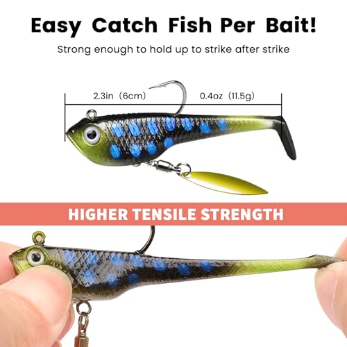 TRUSCEND Shadtale Easy Catch Soft Fishing Lures with BKK Hooks - Trembly Sinking and Vibrating Swim for More Bites, Pre-Rigged Swimbaits for Bass, Trout, Crappie, Walleye, Freshwater Saltwater Fishing